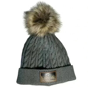 Montana Theme Gray Winter Beanie Children's 4-10 Fur Pom Pom